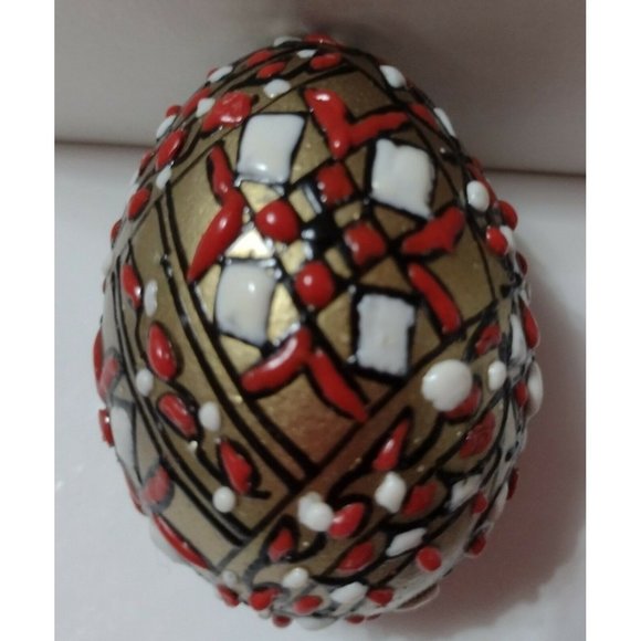Romanian Pysanky Hand Painted Real Easter Egg Gold Red Checked Multi-color - Picture 1 of 4